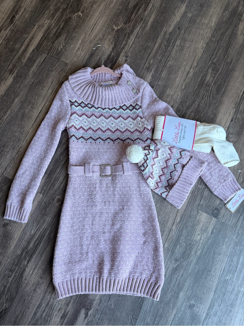 Little Lass Light Lilac Fair Isle Knit Dress with Pom Hat & Cream Tights Girls 7